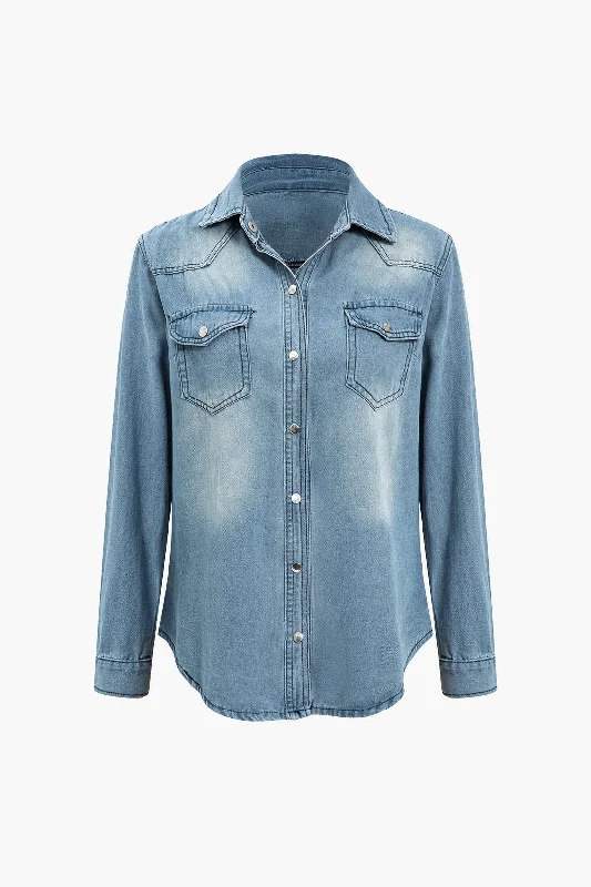 women's boho dressesSolid Denim Button Up Pocket Shirt