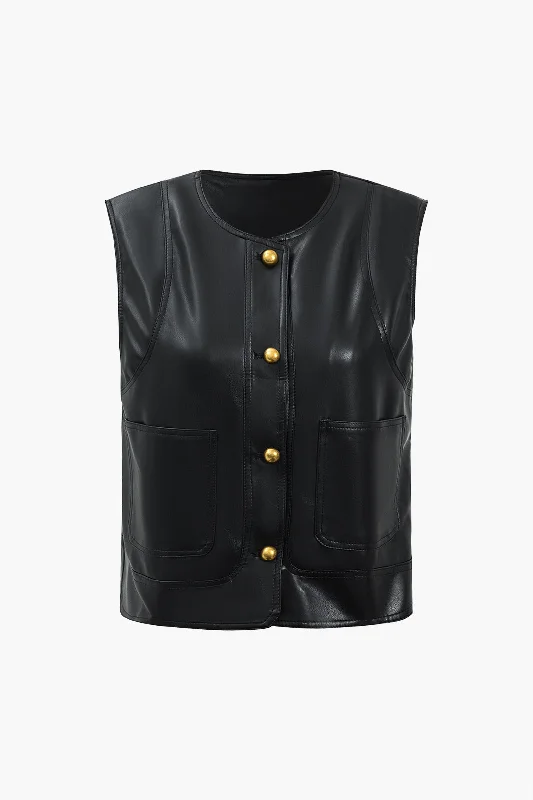 women's wedding guest dressesFaux Leather Button Detail Vest