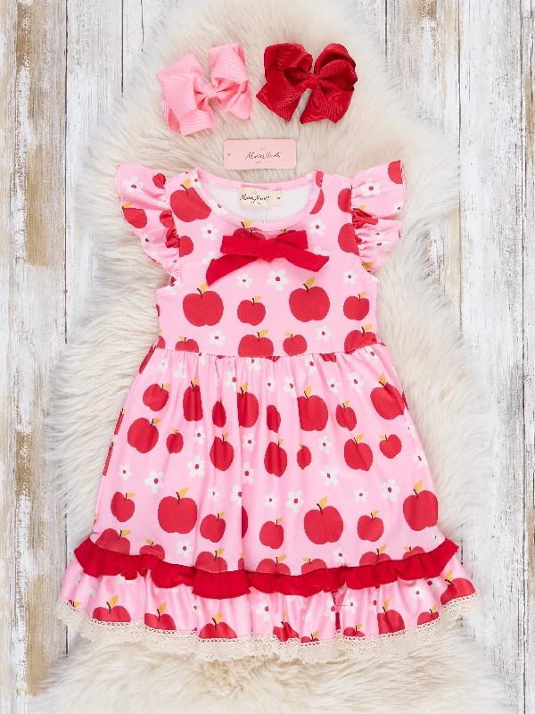 women's solid color dressesPink & Red Apples Ruffle Dress