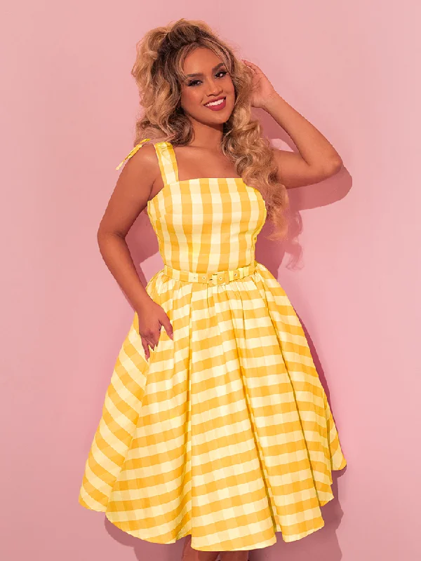 women's sustainable dressesDream-House Swing Dress and Matching Bow in Yellow Gingham - Vixen by Micheline Pitt