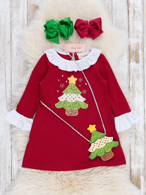 women's velvet dressesRed Embroidered Christmas Tree Lace Trim 2 Piece Set