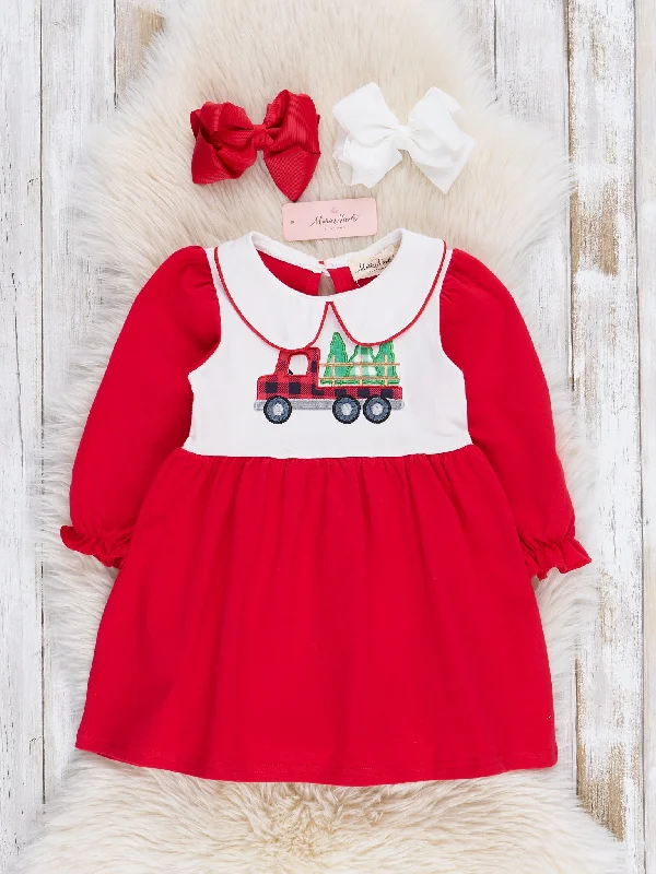 women's stylish dressesRed Embroidered Christmas Tree Truck Ruffle Dress