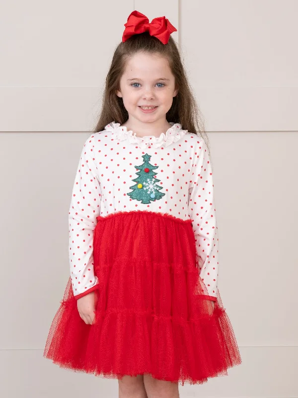 women's bespoke dressesRed Embroidered Christmas Tree Tulle Dress