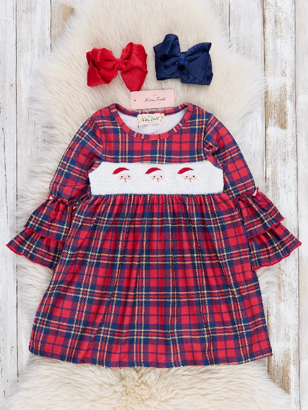 women's denim dressesRed & Navy Holiday Plaid Smocked Santa Dress