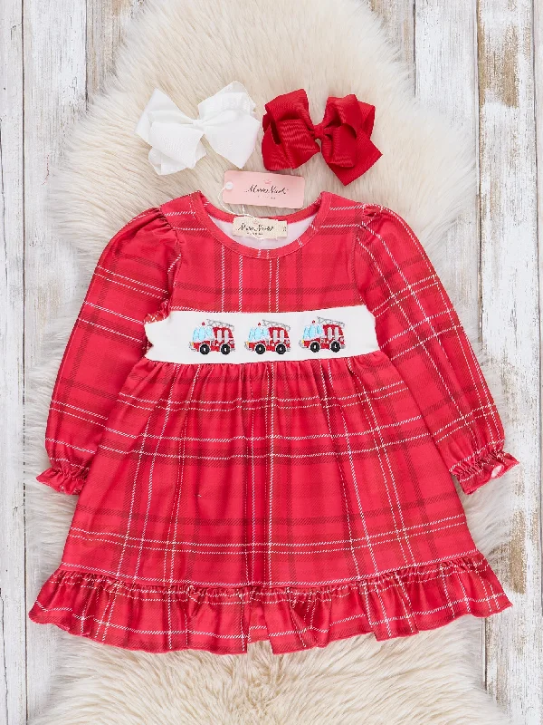 women's hourglass figure dressesRed Smocked Firetruck Plaid Ruffle Dress