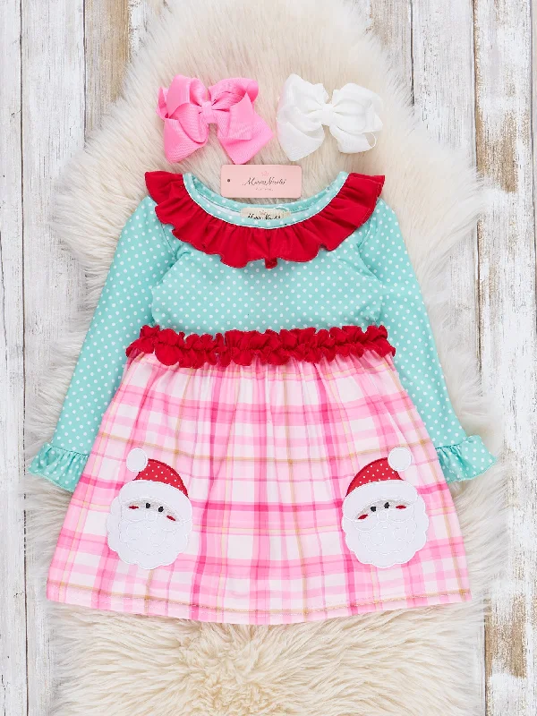 women's flowy dressesTeal Dots & Pink Plaid Santa Ruffle Dress