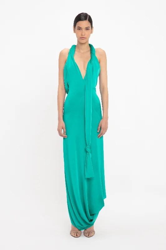 women's bespoke dressesTwisted Halter Strap Jersey Dress In Peacock