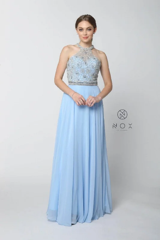 women's sustainable dressesLong High Neck Jeweled Prom Dress Sale