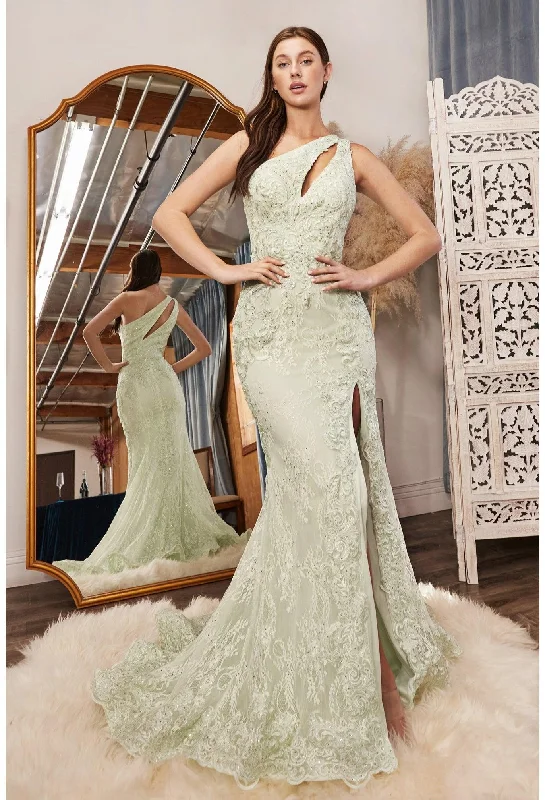 women's pear-shaped body dressesCinderella Divine CD973 One Shoulder Long Fitted Lace Prom Gown