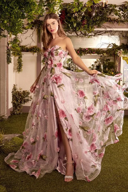 women's long-sleeved dressesAndrea & Leo A1035 Prom Long Strapless Floral Print Ball Gown